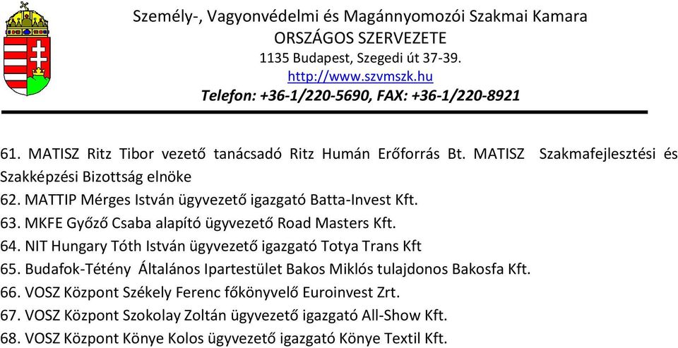 NIT Hungary Tóth István ügyvezető igazgató Totya Trans Kft 65. Budafok-Tétény Általános Ipartestület Bakos Miklós tulajdonos Bakosfa Kft. 66.