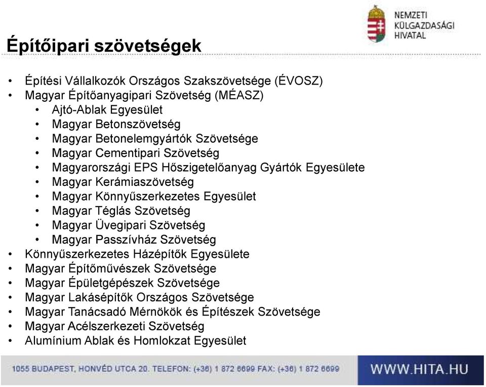 Magyar Téglás Szövetség Magyar Üvegipari Szövetség Magyar Passzívház Szövetség Könnyűszerkezetes Házépítők Egyesülete Magyar Építőművészek Szövetsége Magyar