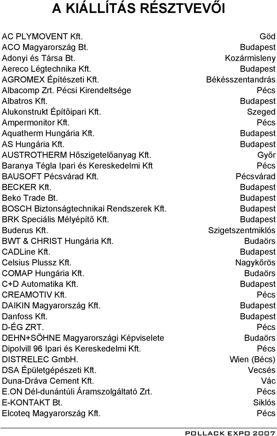 Beko Trade Bt. BOSCH Biztonságtechnikai Rendszerek Kft. BRK Speciális Mélyépítő Kft. Buderus Kft. BWT & CHRIST Hungária Kft. CADLine Kft. Celsius Plussz Kft. COMAP Hungária Kft. C+D Automatika Kft.