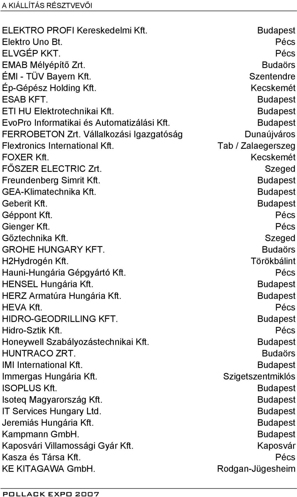 Geberit Kft. Géppont Kft. Gienger Kft. Gőztechnika Kft. GROHE HUNGARY KFT. H2Hydrogén Kft. Hauni-Hungária Gépgyártó Kft. HENSEL Hungária Kft. HERZ Armatúra Hungária Kft. HEVA Kft.