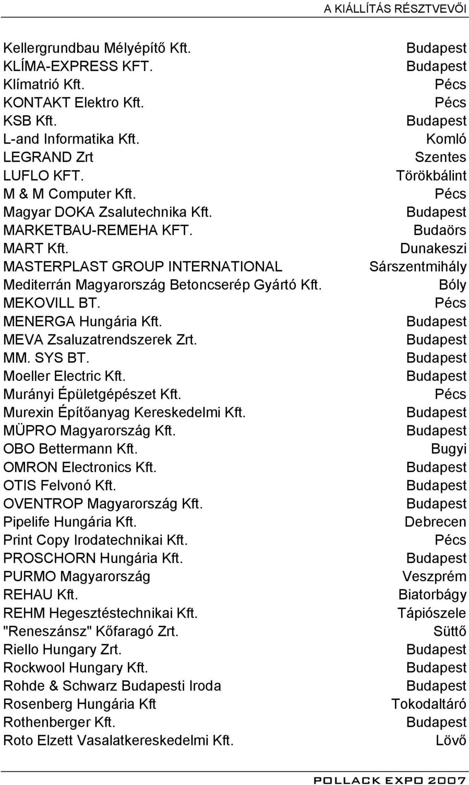 MEVA Zsaluzatrendszerek Zrt. MM. SYS BT. Moeller Electric Kft. Murányi Épületgépészet Kft. Murexin Építőanyag Kereskedelmi Kft. MÜPRO Magyarország Kft. OBO Bettermann Kft. OMRON Electronics Kft.