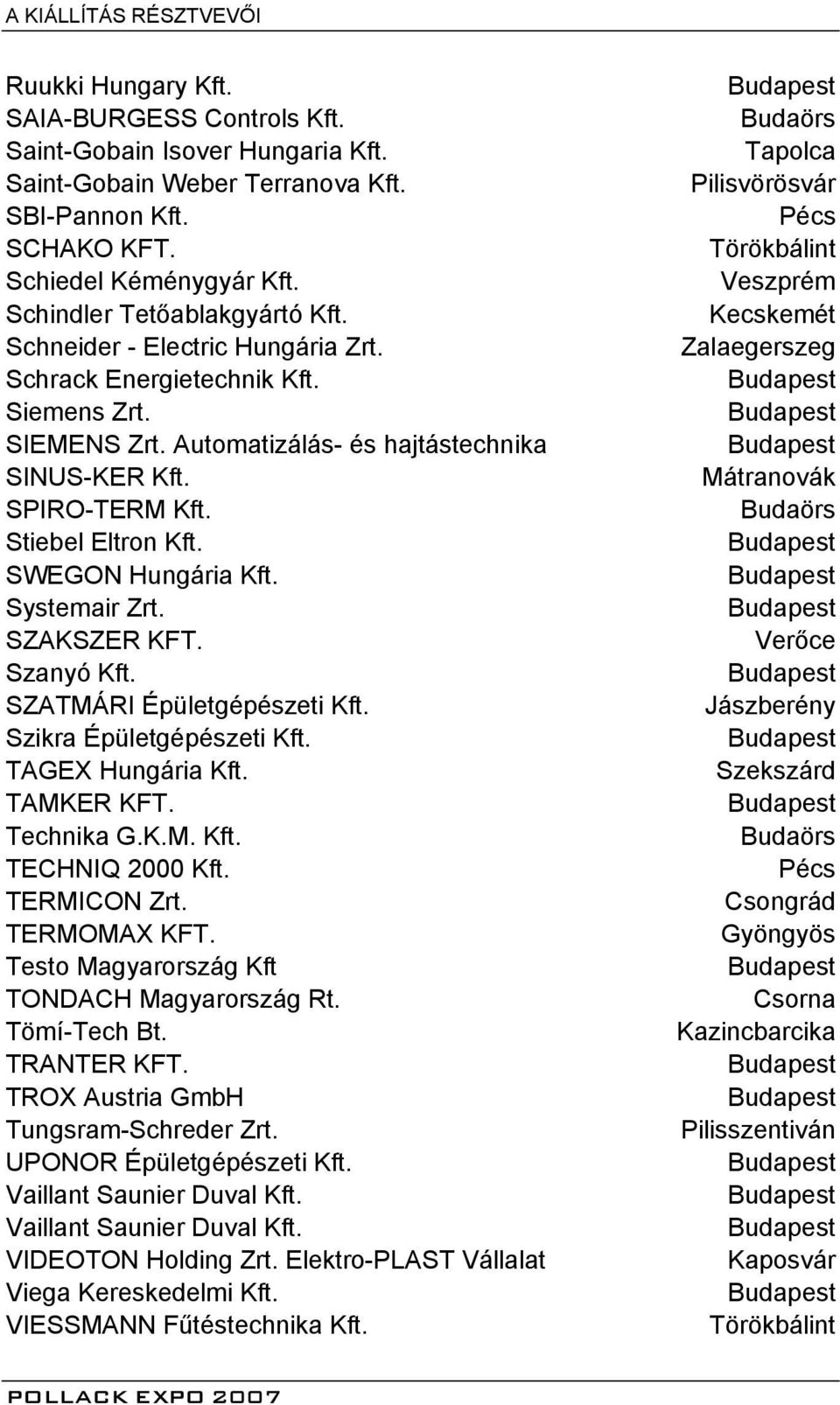 Stiebel Eltron Kft. SWEGON Hungária Kft. Systemair Zrt. SZAKSZER KFT. Szanyó Kft. SZATMÁRI Épületgépészeti Kft. Szikra Épületgépészeti Kft. TAGEX Hungária Kft. TAMKER KFT. Technika G.K.M. Kft. TECHNIQ 2000 Kft.