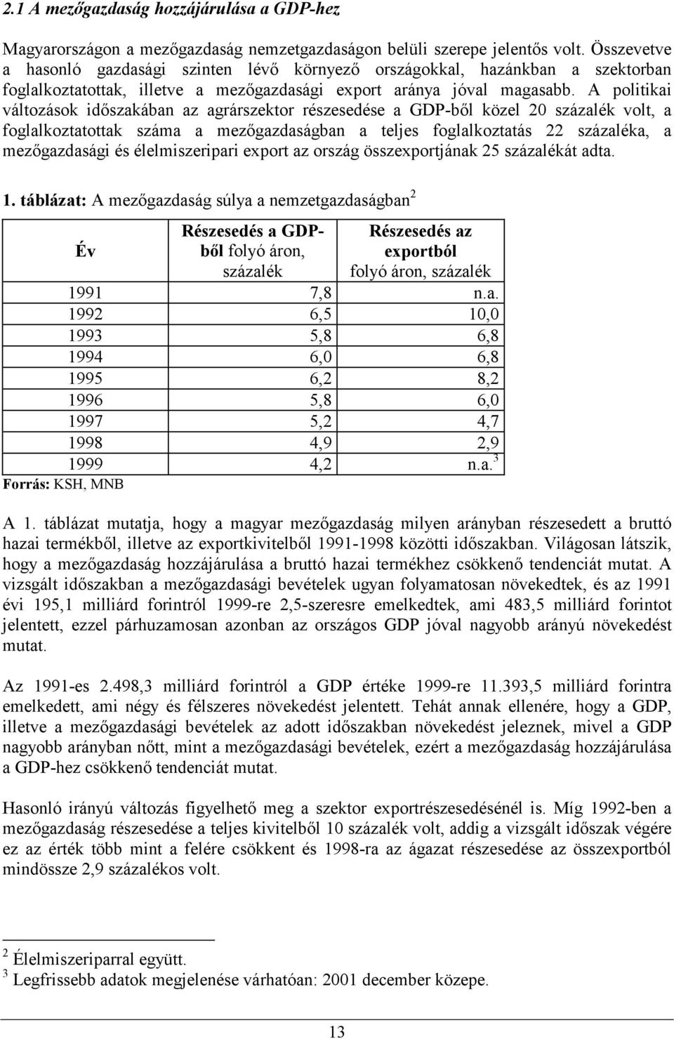 A politikai változások időszakában az agrárszektor részesedése a GDP-ből közel 20 százalék volt, a foglalkoztatottak száma a mezőgazdaságban a teljes foglalkoztatás 22 százaléka, a mezőgazdasági és