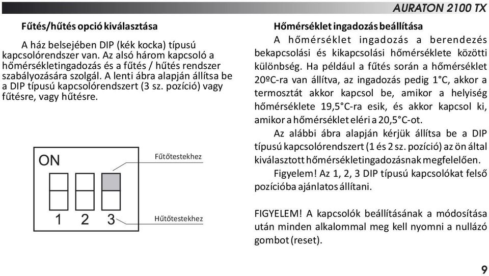 Fűtőtestekhez Hűtőtestekhez AURATON 2100 TX Hőmérséklet ingadozás beállítása A hőmérséklet ingadozás a berendezés bekapcsolási és kikapcsolási hőmérséklete közötti különbség.