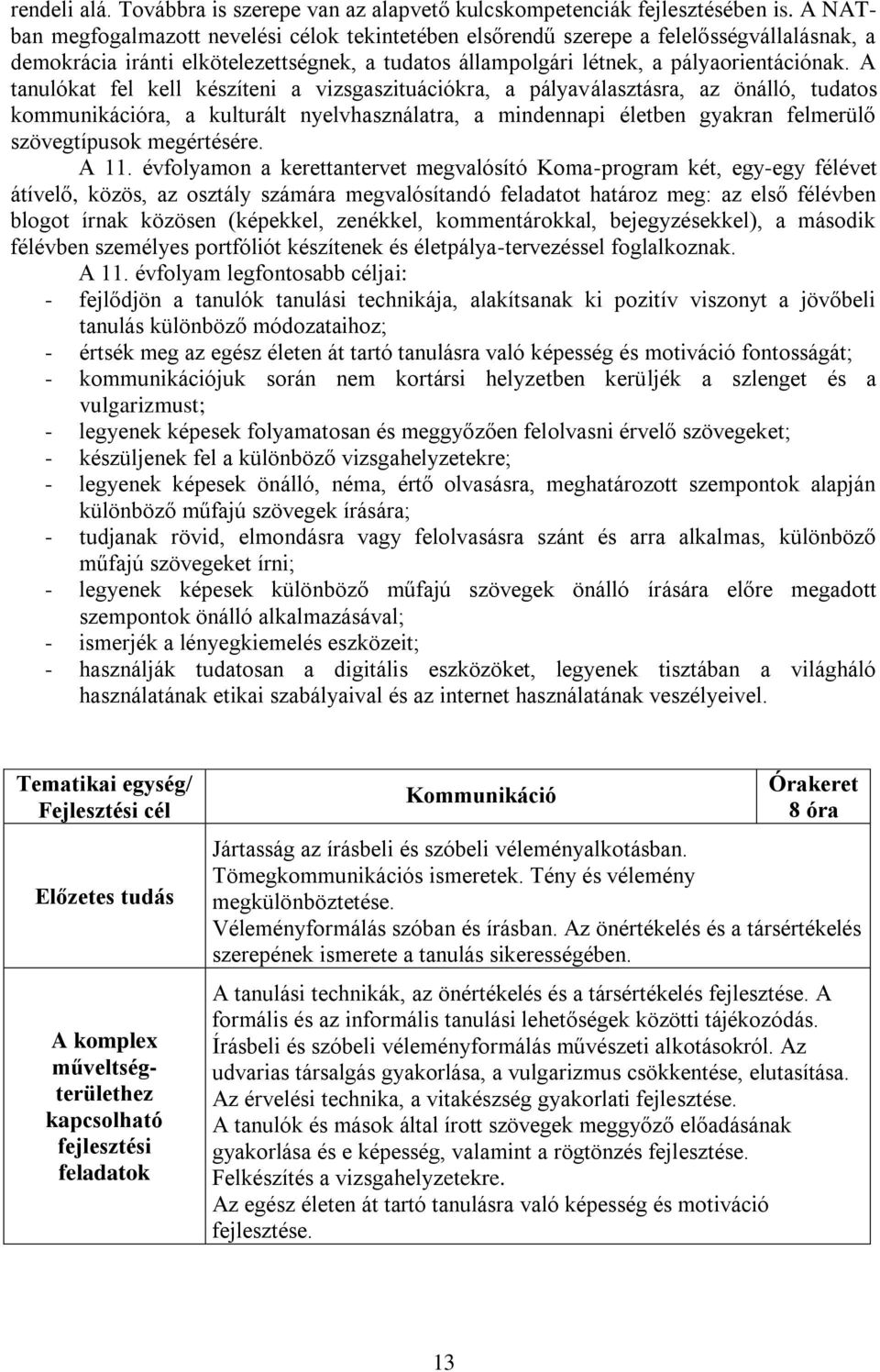 A tanulókat fel kell készíteni a vizsgaszituációkra, a pályaválasztásra, az önálló, tudatos kommunikációra, a kulturált nyelvhasználatra, a mindennapi életben gyakran felmerülő szövegtípusok