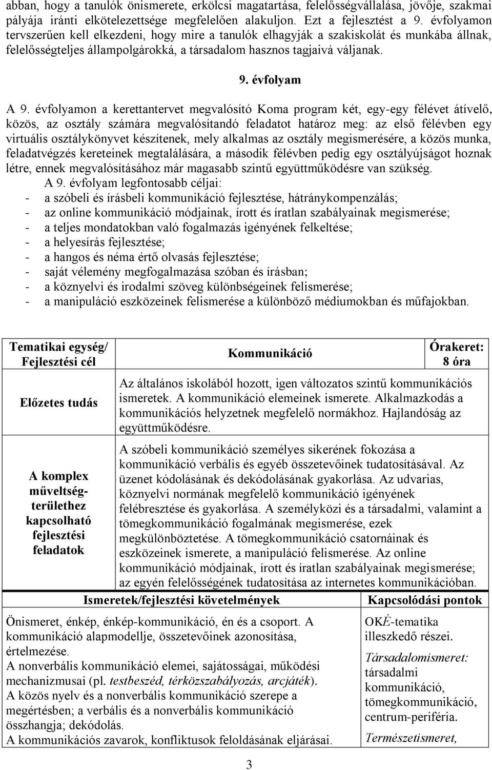 évfolyamon a kerettantervet megvalósító Koma program két, egy-egy félévet átívelő, közös, az osztály számára megvalósítandó feladatot határoz meg: az első félévben egy virtuális osztálykönyvet