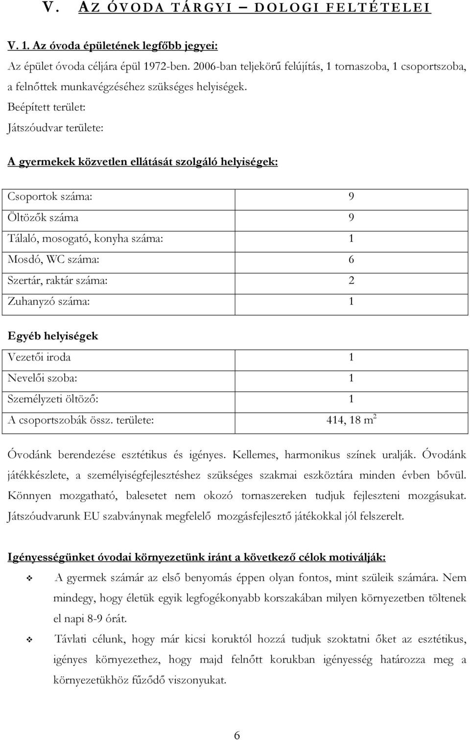 Beépített terület: Játszóudvar területe: A gyermekek közvetlen ellátását szolgáló helyiségek: Csoportok száma: 9 Öltözők száma 9 Tálaló, mosogató, konyha száma: 1 Mosdó, WC száma: 6 Szertár, raktár