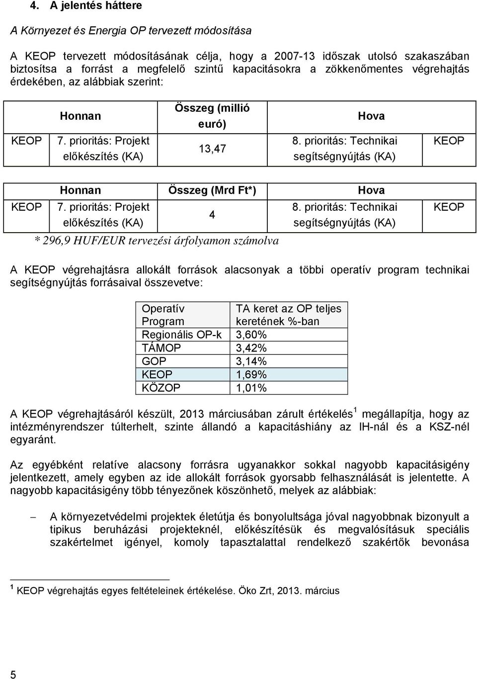 prioritás: Technikai segítségnyújtás (KA) KEOP KEOP Honnan Összeg (Mrd Ft*) Hova 7. prioritás: Projekt előkészítés (KA) * 296,9 HUF/EUR tervezési árfolyamon számolva 4 8.