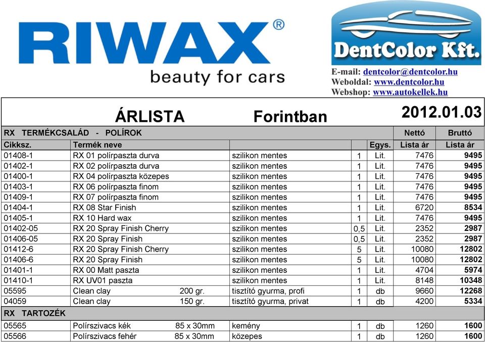 7476 9495 01409-1 RX 07 polírpaszta finom szilikon mentes 1 Lit. 7476 9495 01404-1 RX 08 Star Finish szilikon mentes 1 Lit. 6720 8534 01405-1 RX 10 Hard wax szilikon mentes 1 Lit.