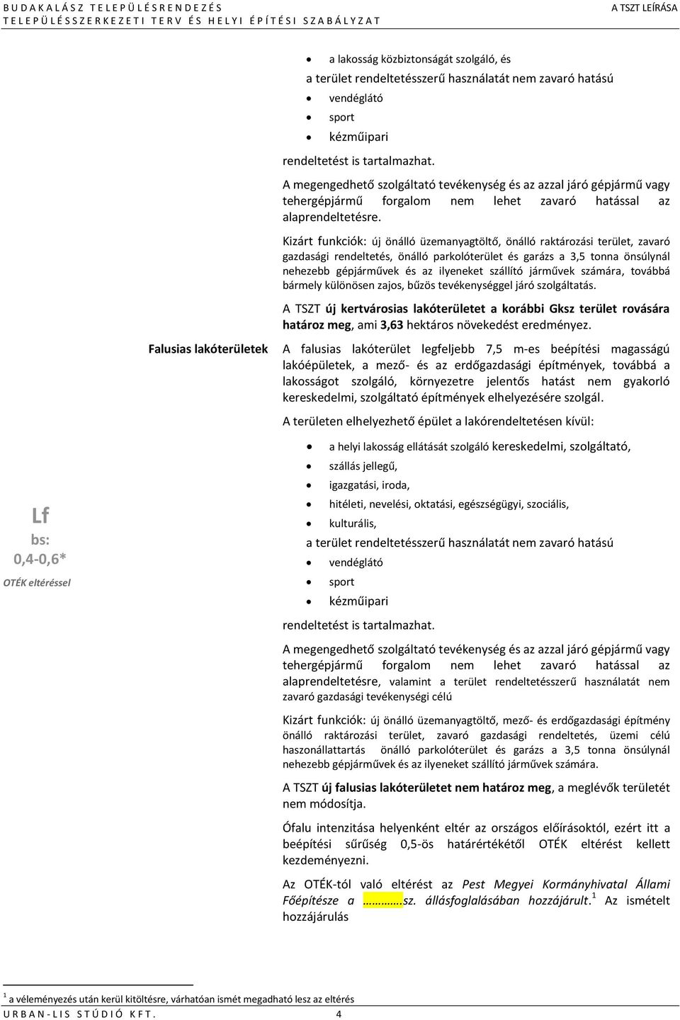 Kizárt funkciók: új önálló üzemanyagtöltő, önálló raktározási terület, zavaró gazdasági rendeltetés, önálló parkolóterület és garázs a 3,5 tonna önsúlynál nehezebb gépjárművek és az ilyeneket