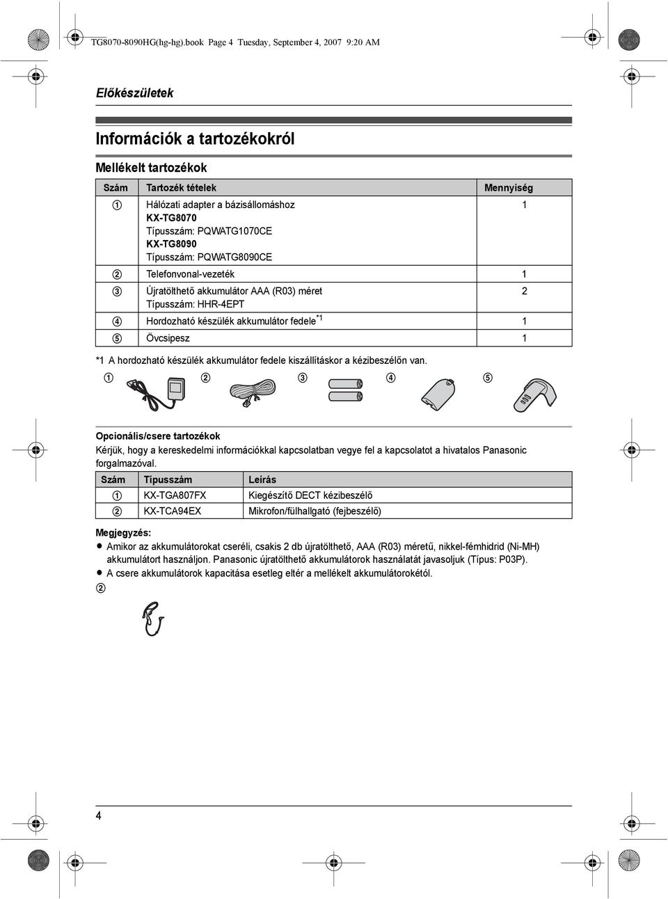 PQWATG1070CE KX-TG8090 Típusszám: PQWATG8090CE 2 Telefonvonal-vezeték 1 3 Újratölthető akkumulátor AAA (R03) méret Típusszám: HHR-4EPT 4 Hordozható készülék akkumulátor fedele *1 1 5 Övcsipesz 1 *1 A