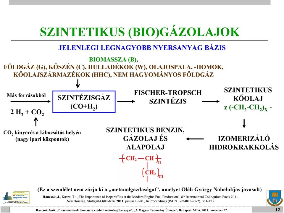 GÁZOLAJ ÉS ALAPOLAJ IZOMERIZÁLÓ HIDROKRAKKOLÁS +36 (Ez a szemlélet nem zárja ki a metanolgazdaságot, amelyet Oláh György Nobel-díjas javasolt) Hancsók, J., Kasza, T.