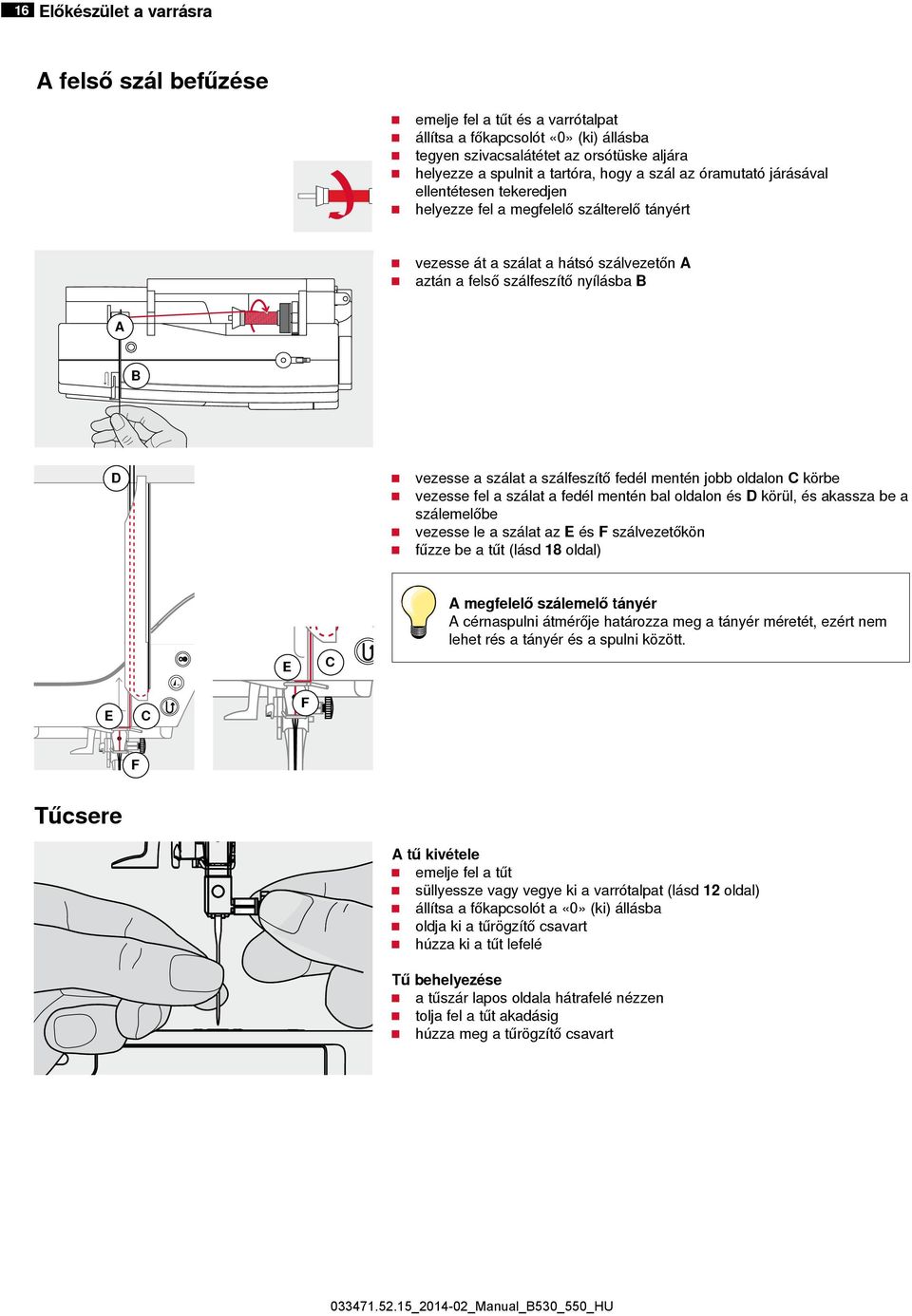 a szálat a szálfeszítő fedél mentén jobb oldalon C körbe vezesse fel a szálat a fedél mentén bal oldalon és D körül, és akassza be a szálemelőbe vezesse le a szálat az E és F szálvezetőkön fűzze be a