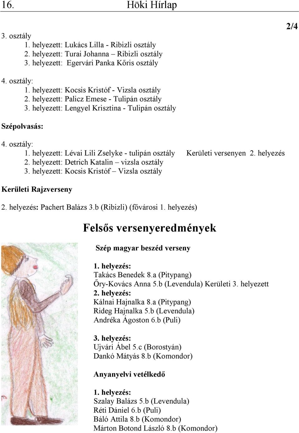 helyezett: Lévai Lili Zselyke - tulipán osztály Kerületi versenyen 2. helyezés 2. helyezett: Detrich Katalin vizsla osztály 3. helyezett: Kocsis Kristóf Vizsla osztály Kerületi Rajzverseny 2.