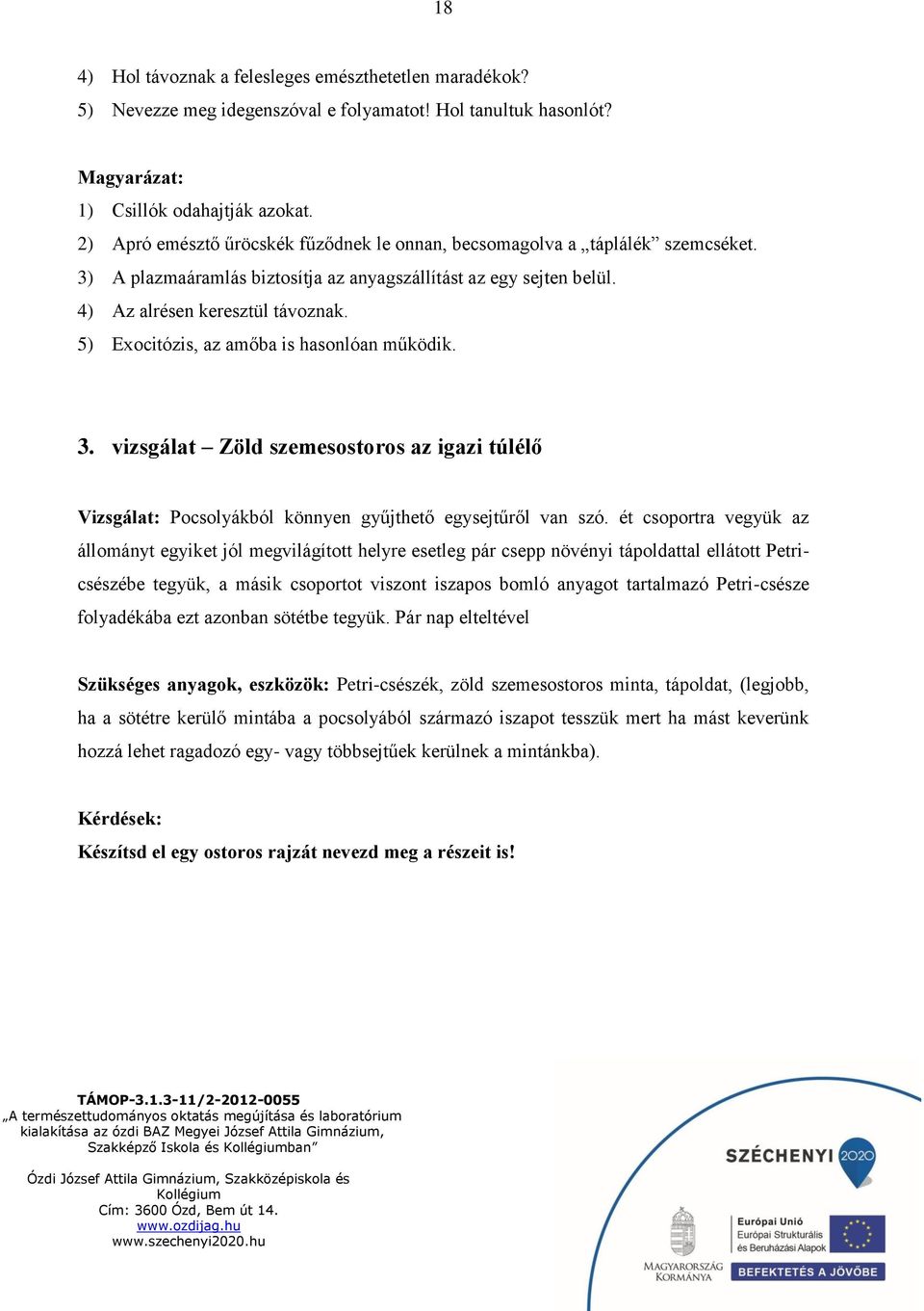 5) Exocitózis, az amőba is hasonlóan működik. 3. vizsgálat Zöld szemesostoros az igazi túlélő Vizsgálat: Pocsolyákból könnyen gyűjthető egysejtűről van szó.