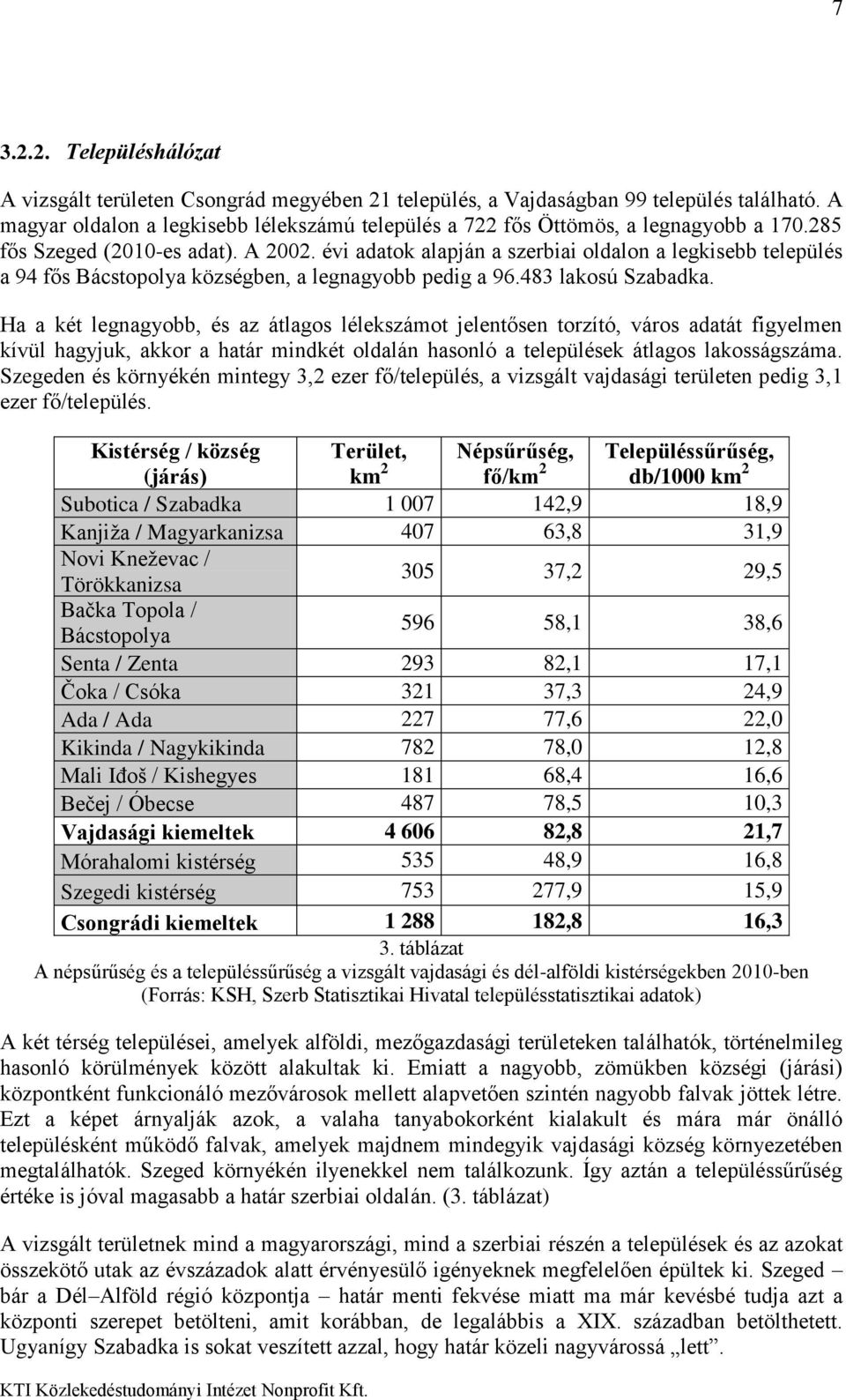 évi adatok alapján a szerbiai oldalon a legkisebb település a 94 fős Bácstopolya községben, a legnagyobb pedig a 96.483 lakosú Szabadka.