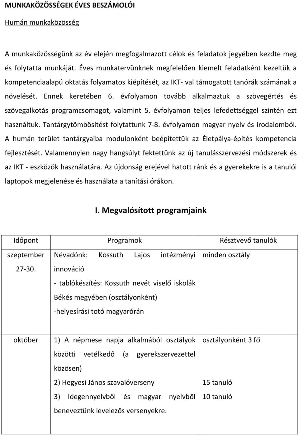 évfolyamon tovább alkalmaztuk a szövegértés és szövegalkotás programcsomagot, valamint 5. évfolyamon teljes lefedettséggel szintén ezt használtuk. Tantárgytömbösítést folytattunk 7-8.