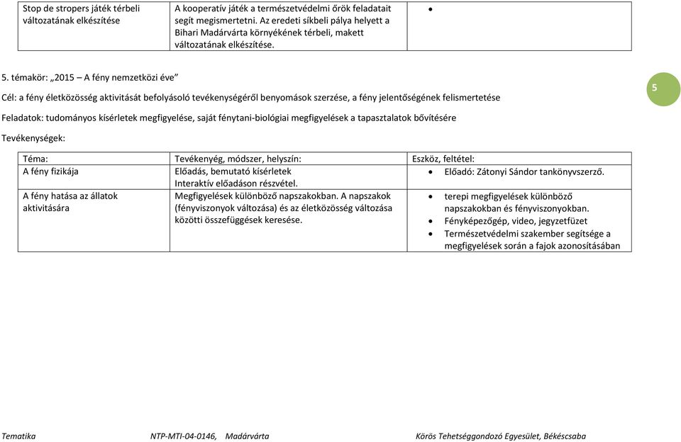 témakör: 2015 A fény nemzetközi éve Cél: a fény életközösség aktivitását befolyásoló tevékenységéről benyomások szerzése, a fény jelentőségének felismertetése 5 Feladatok: tudományos kísérletek