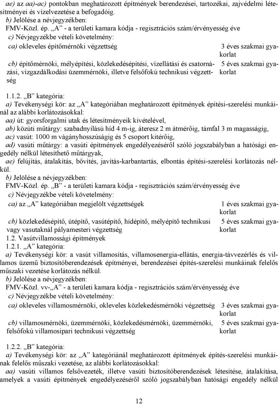 A - a területi kamara kódja - regisztrációs szám/érvényesség éve ca) okleveles építőmérnöki végzettség 3 éves szakmai gyakorlat cb) építőmérnöki, mélyépítési, közlekedésépítési, vízellátási és