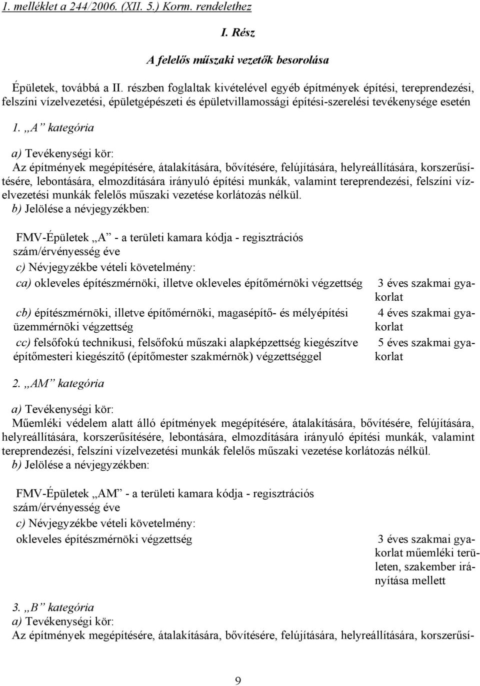 A kategória a) Tevékenységi kör: Az építmények megépítésére, átalakítására, bővítésére, felújítására, helyreállítására, korszerűsítésére, lebontására, elmozdítására irányuló építési munkák, valamint