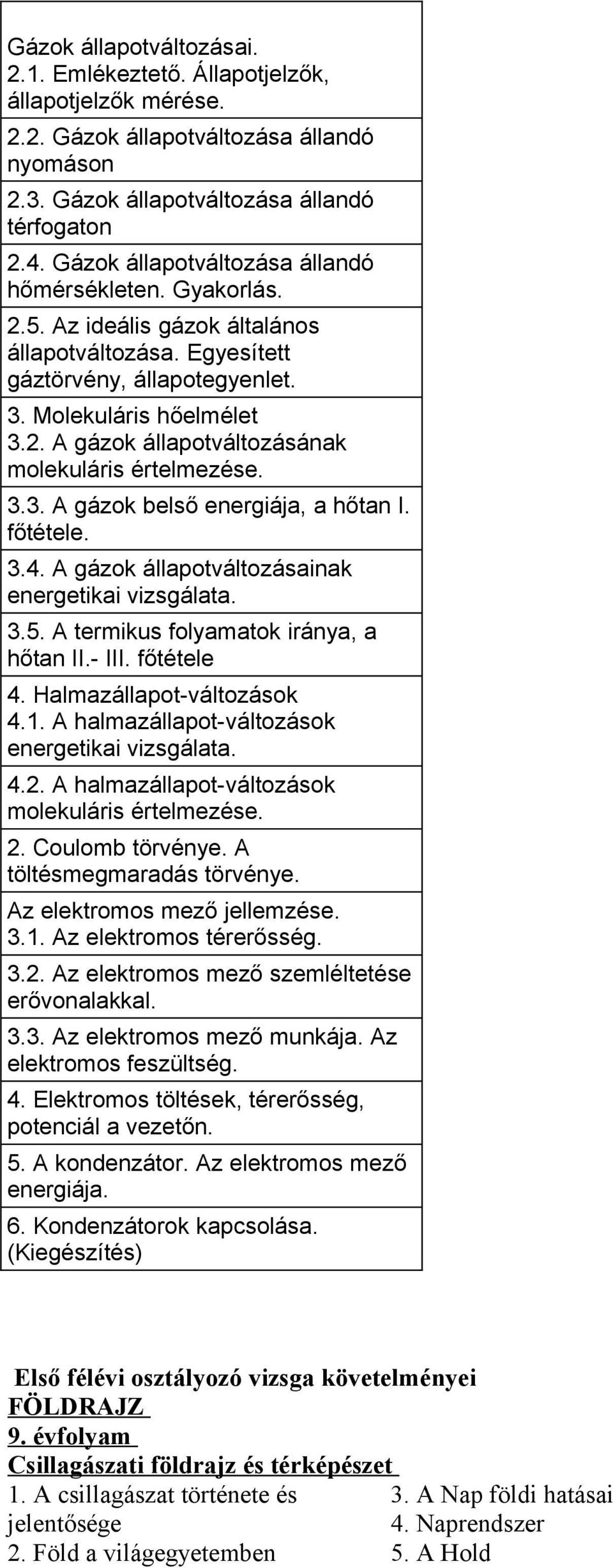 3.3. A gázok belső energiája, a hőtan I. főtétele. 3.4. A gázok állapotváltozásainak energetikai vizsgálata. 3.5. A termikus folyamatok iránya, a hőtan II.- III. főtétele 4.