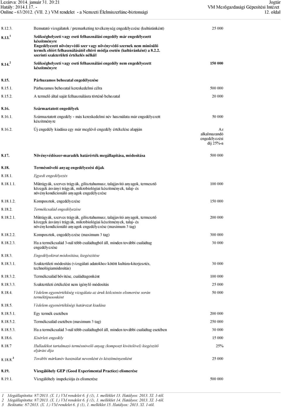 esetén (kultúránként) a 8.2.2. szerinti szakterületi értékelés nélkül 8.14. 2 Szükséghelyzeti vagy eseti felhasználási engedély nem engedélyezett készítményre 150 000 8.15. Párhuzamos behozatal engedélyezése 8.