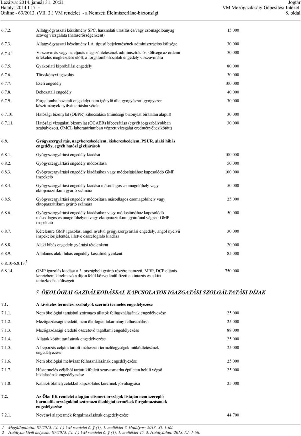 1 Visszavonás vagy az eljárás megszüntetésének adminisztrációs költsége az érdemi értékelés megkezdése előtt; a forgalombahozatali engedély visszavonása 30 000 6.7.5.