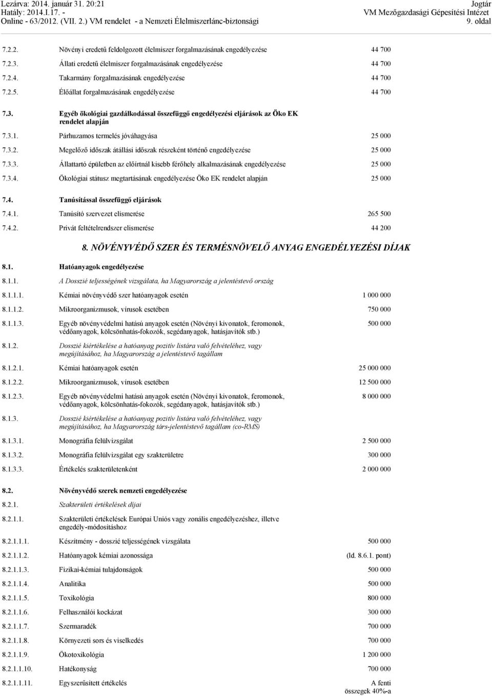 3.3. Állattartó épületben az előírtnál kisebb férőhely alkalmazásának engedélyezése 25 000 7.3.4. Ökológiai státusz megtartásának engedélyezése Öko EK rendelet alapján 25 000 7.4. Tanúsítással összefüggő eljárások 7.