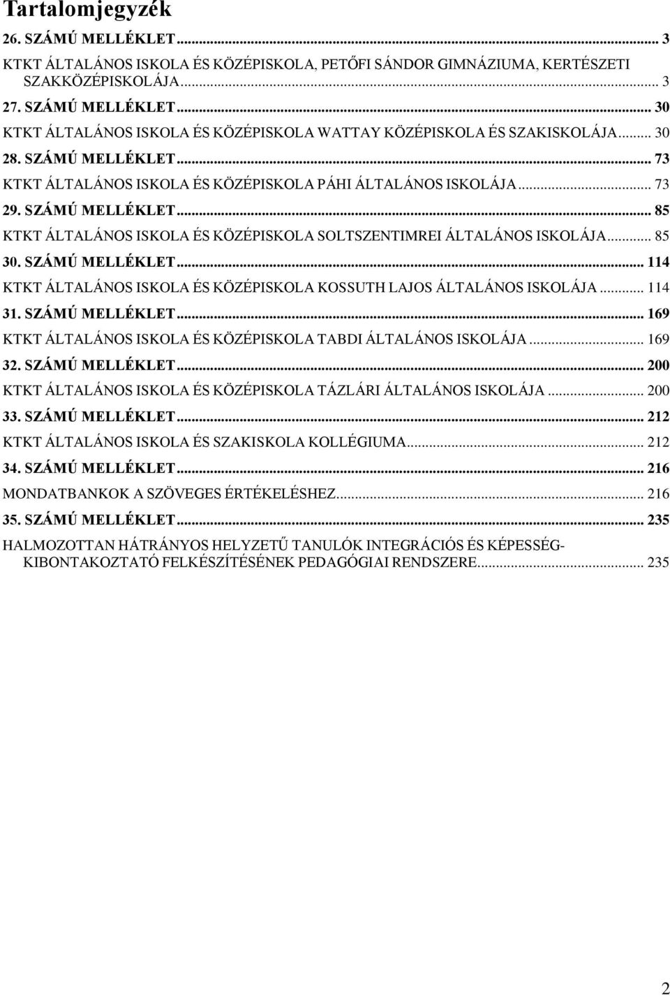 .. 85 30. SZÁMÚ MELLÉKLET... 114 KTKT ÁLTALÁNOS ISKOLA ÉS KÖZÉPISKOLA KOSSUTH LAJOS ÁLTALÁNOS ISKOLÁJA... 114 31. SZÁMÚ MELLÉKLET... 169 KTKT ÁLTALÁNOS ISKOLA ÉS KÖZÉPISKOLA TABDI ÁLTALÁNOS ISKOLÁJA.