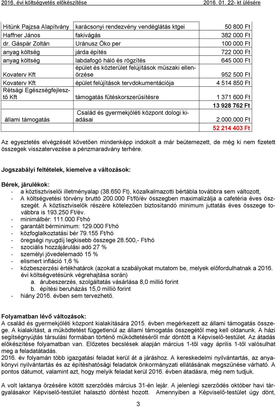 952 500 Ft Kovaterv Kft épület felújítások tervdokumentációja 4 514 850 Ft Rétsági Egészségfejlesztő Kft támogatás fűtéskorszerűsítésre 1 371 600 Ft 13 928 762 Ft állami támogatás Család és