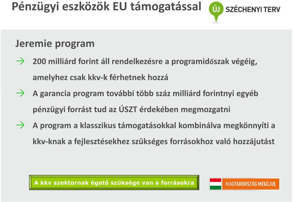 pénzügyi forrást tud az ÚSZT érdekében megmozgatni A program a klasszikus támogatásokkal kombinálva