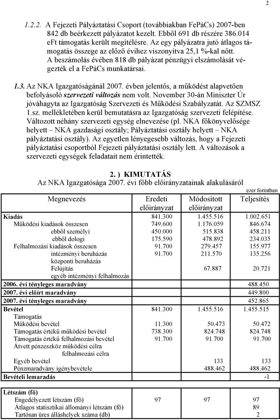 Az NKA Igazgatóságánál 2007. évben jelentős, a működést alapvetően befolyásoló szervezeti változás nem volt. November 30-án Miniszter Úr jóváhagyta az Igazgatóság Szervezeti és Működési Szabályzatát.