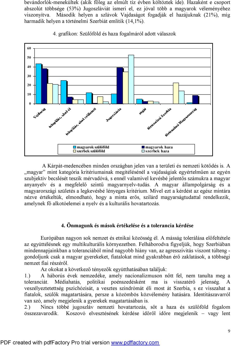 grafikon: Szülőföld és haza fogalmáról adott válaszok 60 50 40 30 20 10 0 magyarok szülőföld szerbek szülőföld magyarok haza szerbek haza A Kárpát-medencében minden országban jelen van a területi és