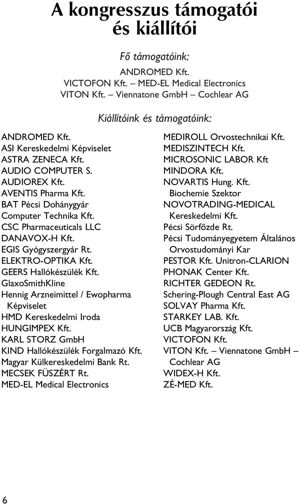 EGIS Gyógyszergyár Rt. ELEKTRO-OPTIKA Kft. GEERS Hallókészülék Kft. GlaxoSmithKline Hennig Arzneimittel / Ewopharma Képviselet HMD Kereskedelmi Iroda HUNGIMPEX Kft.