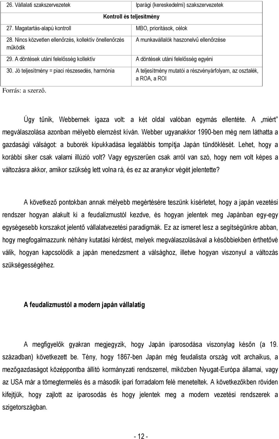 Jó teljesítmény = piaci részesedés, harmónia A teljesítmény mutatói a részvényárfolyam, az osztalék, a ROA, a ROI Forrás: a szerzı.