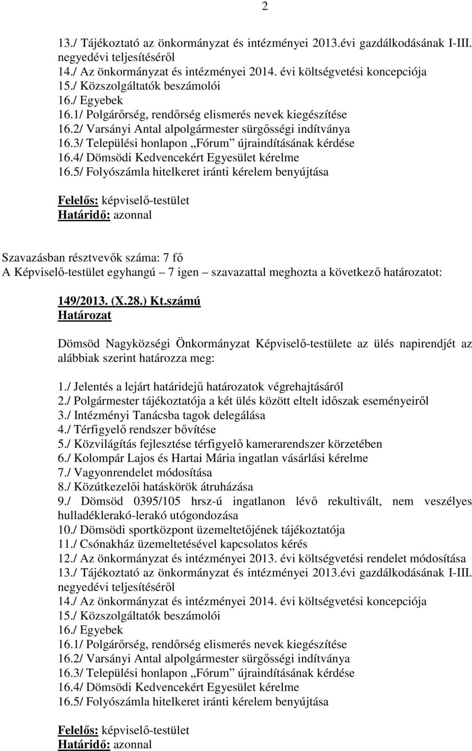 3/ Települési honlapon Fórum újraindításának kérdése 16.4/ Dömsödi Kedvencekért Egyesület kérelme 16.5/ Folyószámla hitelkeret iránti kérelem benyújtása 149/2013. (X.28.) Kt.