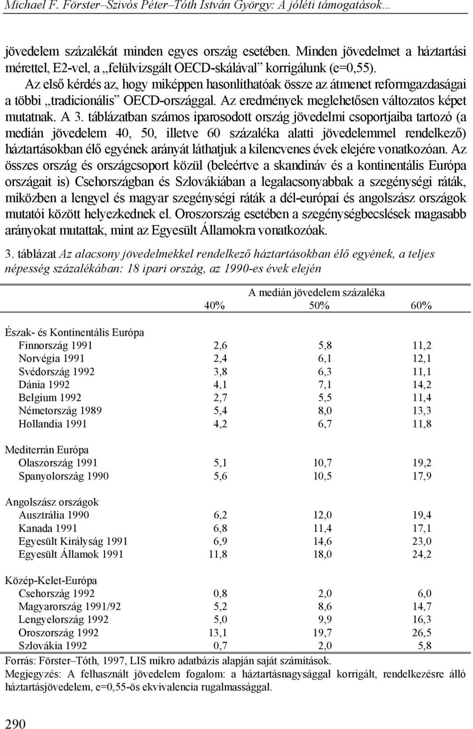 táblázatban számos iparosodott ország jövedelmi csoportjaiba tartozó (a medián jövedelem 40, 50, illetve 60 százaléka alatti jövedelemmel rendelkező) háztartásokban élő egyének arányát láthatjuk a