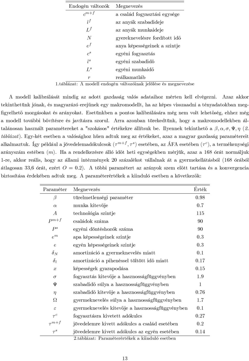 táblázat: A modell endogén változóinak jelölése és megnevezése A modell kalibrálását mindig az adott gazdaság valós adataihoz mérten kell elvégezni.