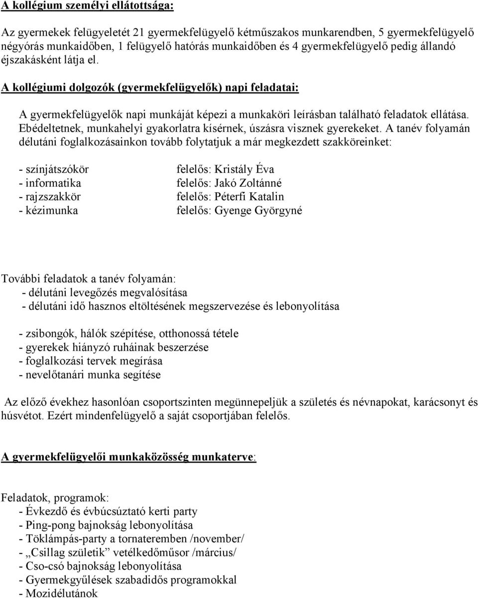 A kollégiumi dolgozók (gyermekfelügyelık) napi feladatai: A gyermekfelügyelık napi munkáját képezi a munkaköri leírásban található feladatok ellátása.