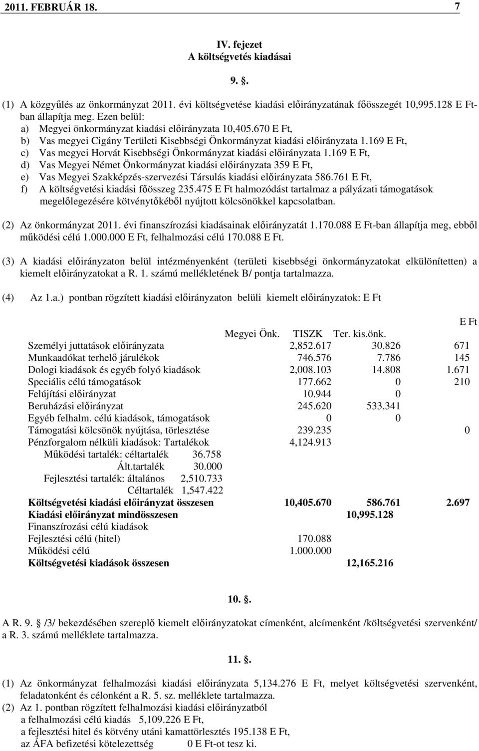 169 E Ft, c) Vas megyei Horvát Kisebbségi Önkormányzat kiadási elıirányzata 1.