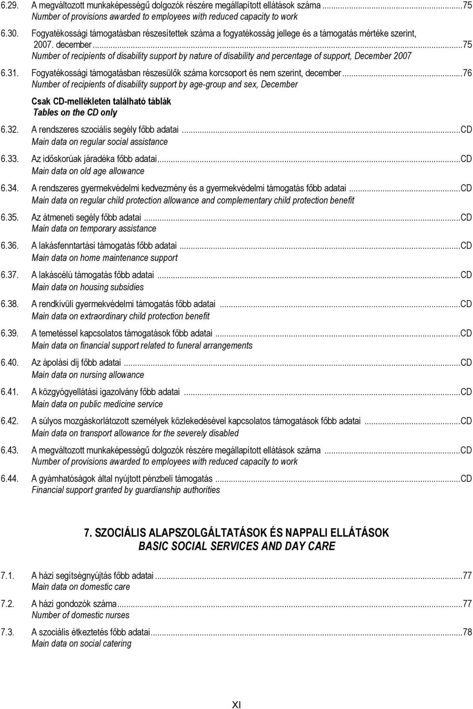 ..75 Number of recipients of disability support by nature of disability and percentage of support, December 2007 6.31. Fogyatékossági támogatásban részesülők korcsoport és nem szerint, december.