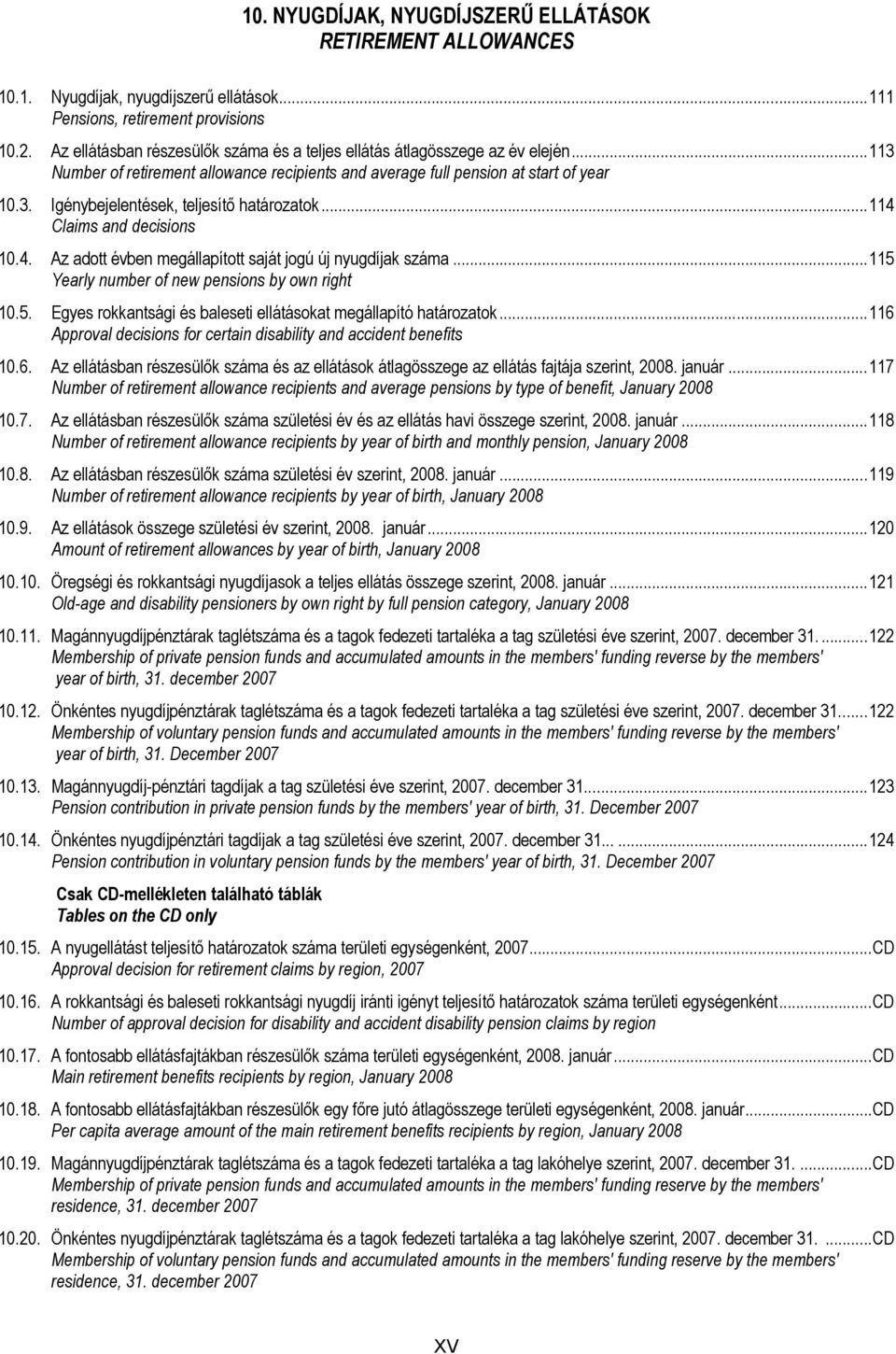 ..114 Claims and decisions 10.4. Az adott évben megállapított saját jogú új nyugdíjak...115 Yearly number of new pensions by own right 10.5. Egyes rokkantsági és baleseti ellátásokat megállapító határozatok.