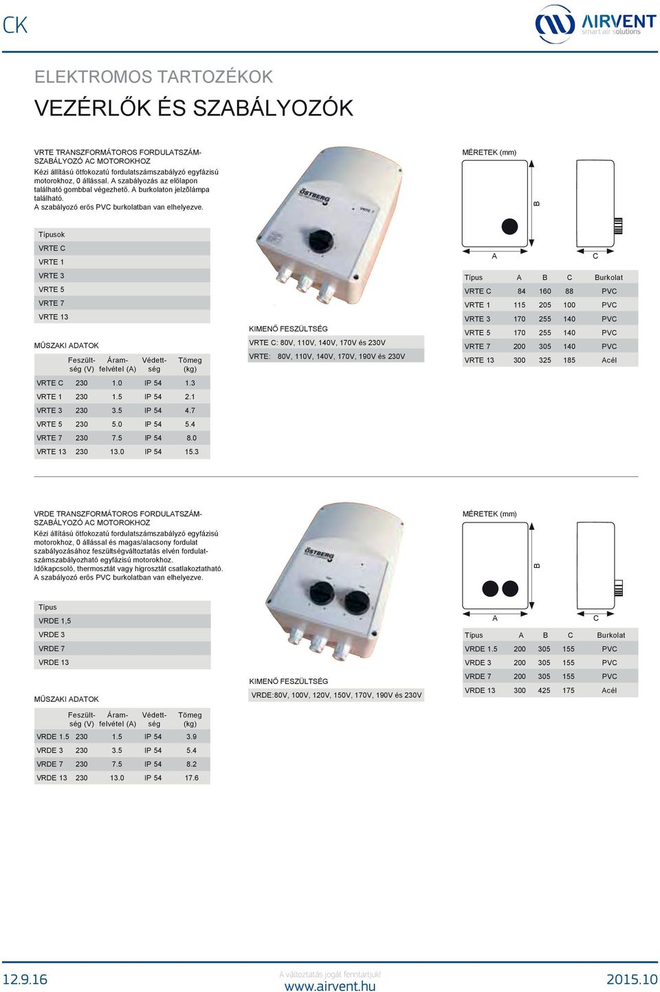 B Típusok VRTE C VRTE 1 VRTE 3 VRTE 5 VRTE 7 VRTE 13 Feszültség (V) (A) (kg) VRTE C 230 1.0 IP 54 1.3 VRTE 1 230 1.5 IP 54 2.1 VRTE 3 230 3.5 IP 54 4.7 VRTE 5 230 5.0 IP 54 5.4 VRTE 7 230 7.5 IP 54 8.
