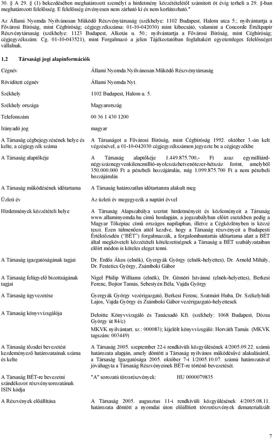 ; nyilvántartja a Fővárosi Bíróság, mint Cégbíróság; cégjegyzékszáma: 01-10-042030) mint kibocsátó, valamint a Concorde Értékpapír Részvénytársaság (székhelye: 1123 Budapest, Alkotás u. 50.