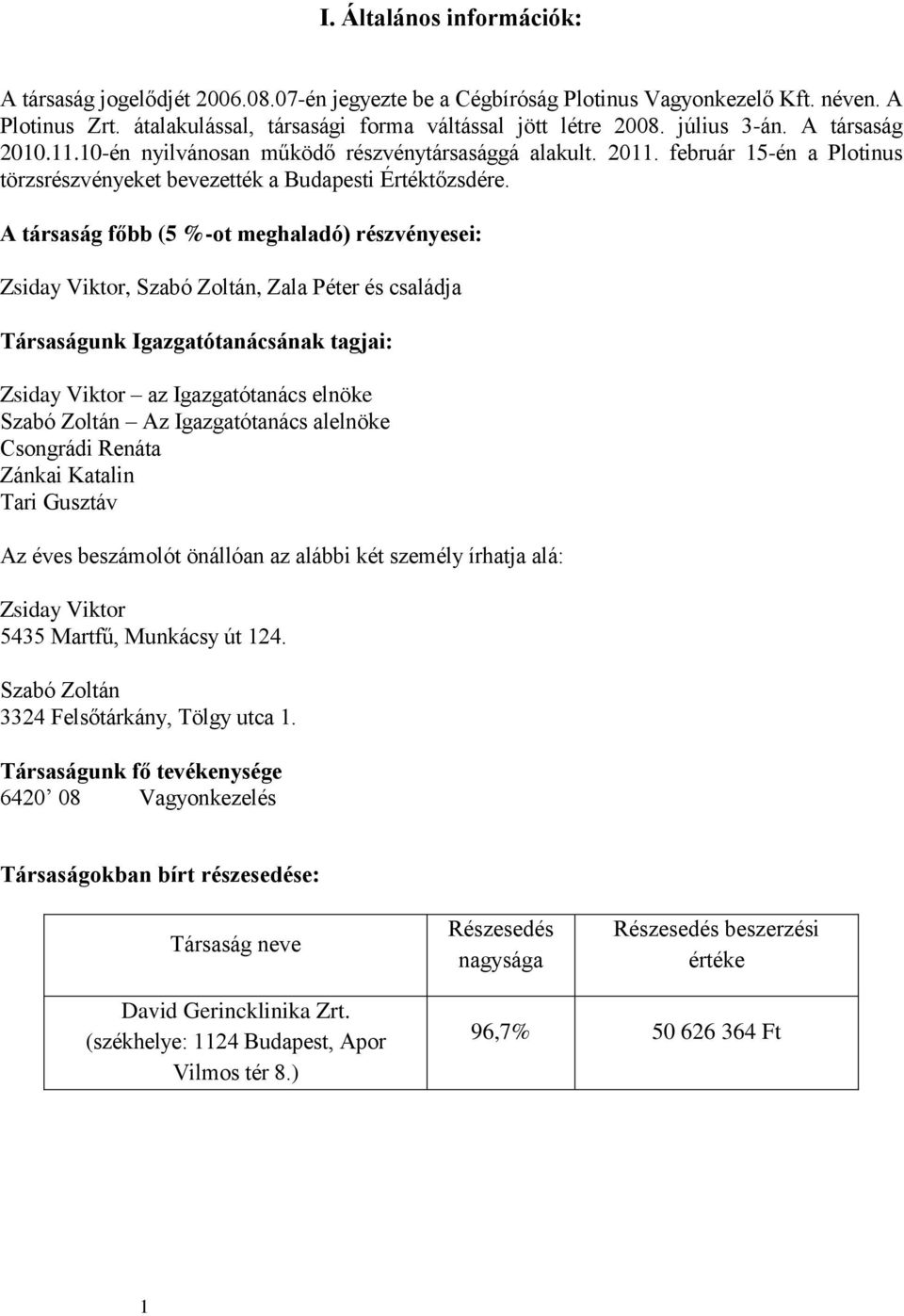 A társaság főbb (5 %-ot meghaladó) részvényesei: Zsiday Viktor, Szabó Zoltán, Zala Péter és családja Társaságunk Igazgatótanácsának tagjai: Zsiday Viktor az Igazgatótanács elnöke Szabó Zoltán Az