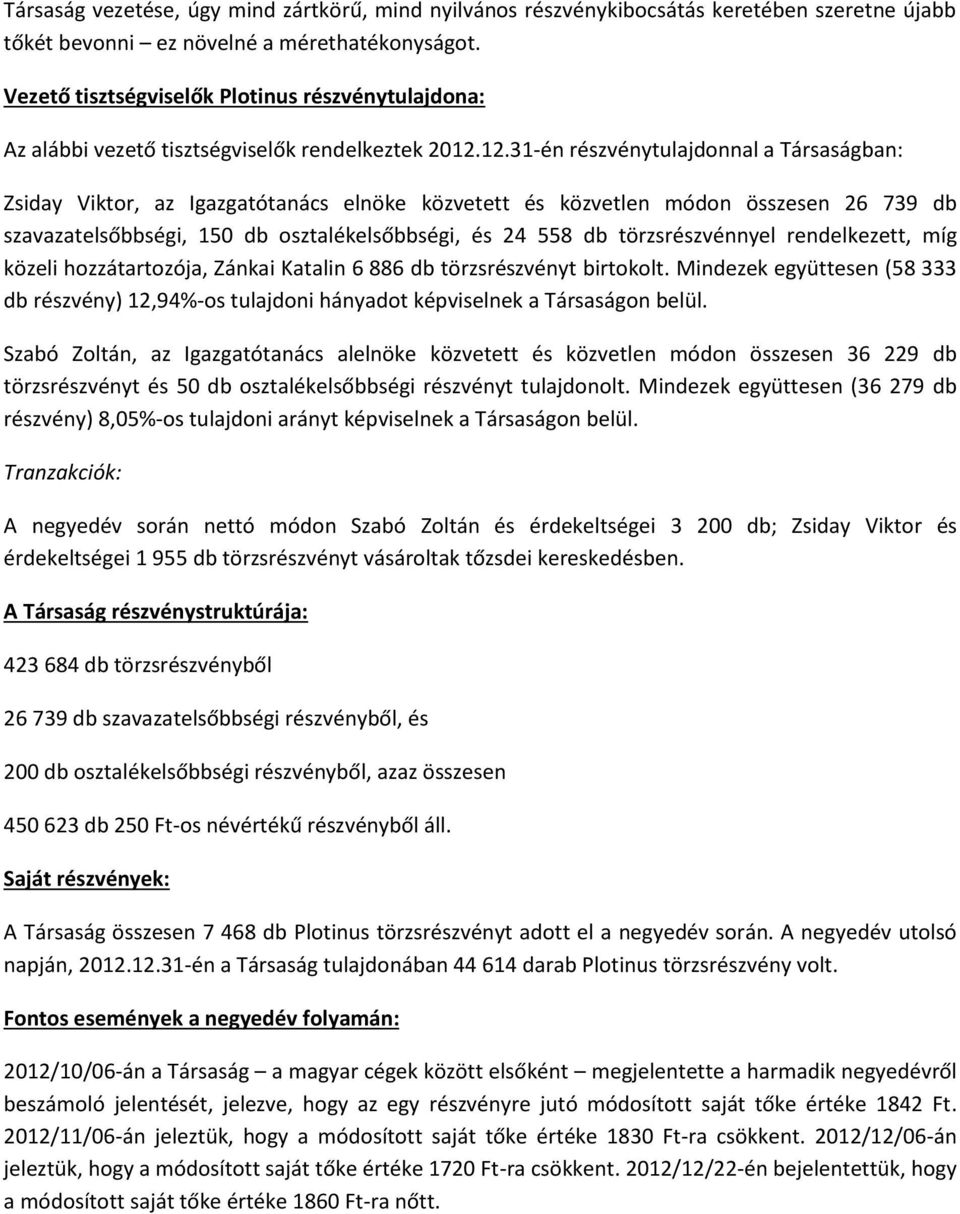 12.31-én részvénytulajdonnal a Társaságban: Zsiday Viktor, az Igazgatótanács elnöke közvetett és közvetlen módon összesen 26 739 db szavazatelsőbbségi, 150 db osztalékelsőbbségi, és 24 558 db