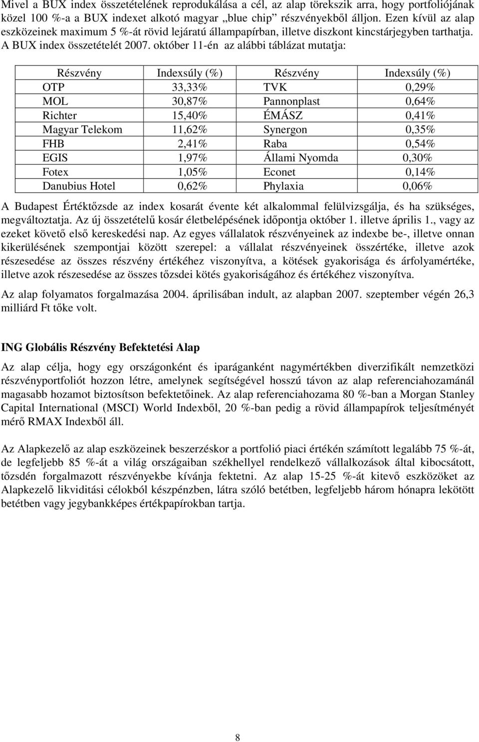 október 11-én az alábbi táblázat mutatja: Részvény Indexsúly (%) Részvény Indexsúly (%) OTP 33,33% TVK 0,29% MOL 30,87% Pannonplast 0,64% Richter 15,40% ÉMÁSZ 0,41% Magyar Telekom 11,62% Synergon