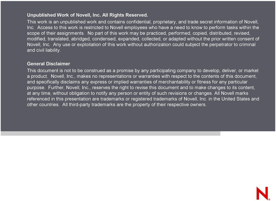 No part of this work may be practiced, performed, copied, distributed, revised, modified, translated, abridged, condensed, expanded, collected, or adapted without the prior written consent of Novell,