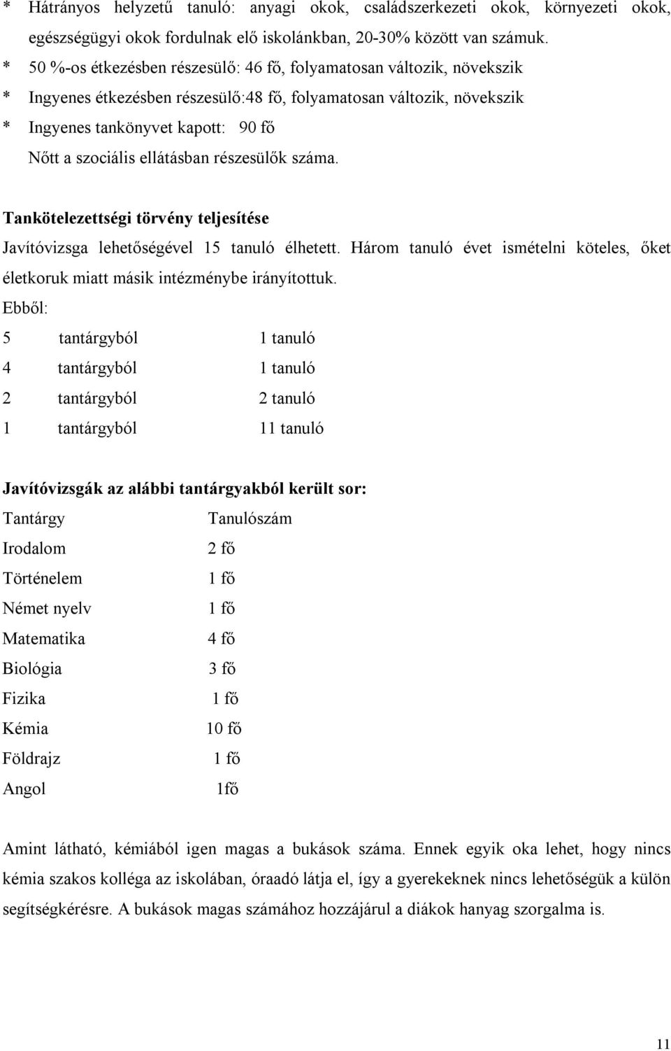 ellátásban részesülők száma. Tankötelezettségi törvény teljesítése Javítóvizsga lehetőségével 15 tanuló élhetett.