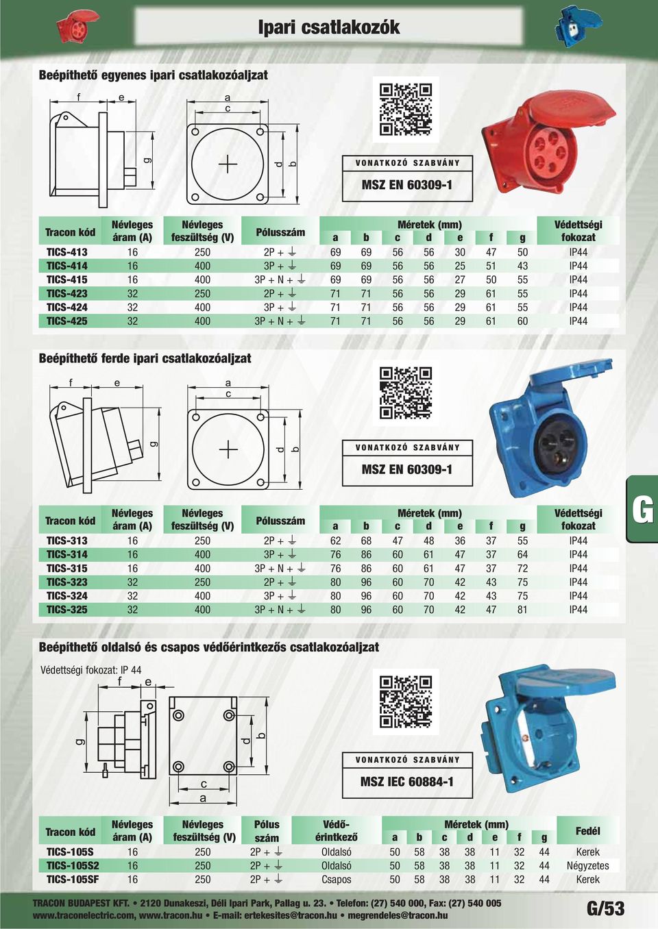TICS-425 32 400 3P + N + 71 71 56 56 29 61 60 IP44 Beépíthető ferde ipari csatlakozóaljzat MSZ EN 60309-1 Névleges Névleges Méretek (mm) Védettségi áram (A) feszültség (V) Pólusszám a b c d e f g